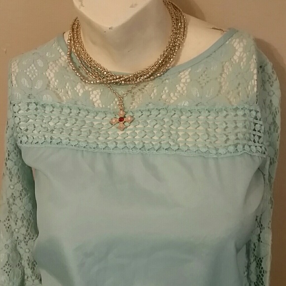 Vintage Look Detailed Turquoise Lace Blouse Size S - Picture 4 of 8